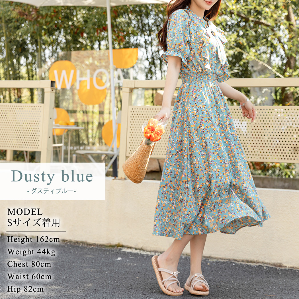 レディース 半袖 ワンピース 花柄 リボン フリル S M ロング丈 ロリータ ガーリー AS11306 レディース 半袖 ワンピース 花柄 リボン フリル S M ロング丈 ロリータ ガーリー AS11306