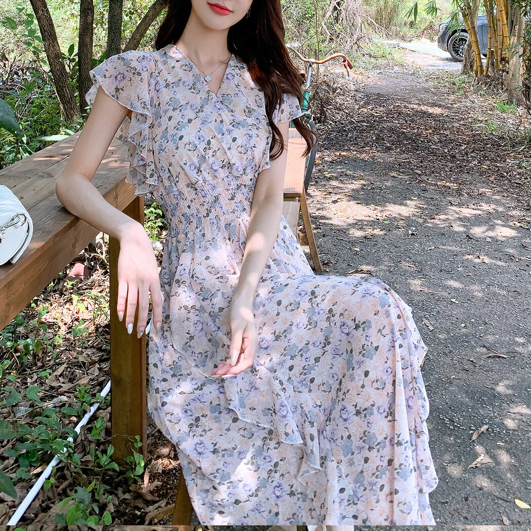 レディース 半袖 ワンピース 花柄 リボン フリル S M ロング丈 ロリータ ガーリー AS11306 レディース 半袖 ワンピース 花柄 リボン フリル S M ロング丈 ロリータ ガーリー AS11306