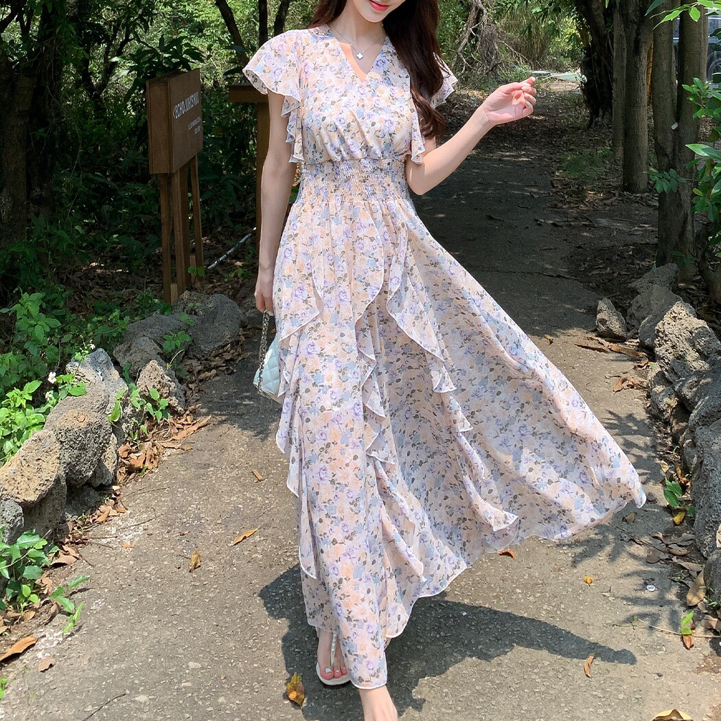 レディース 半袖 ワンピース 花柄 リボン フリル S M ロング丈 ロリータ ガーリー AS11306 レディース 半袖 ワンピース 花柄 リボン フリル S M ロング丈 ロリータ ガーリー AS11306