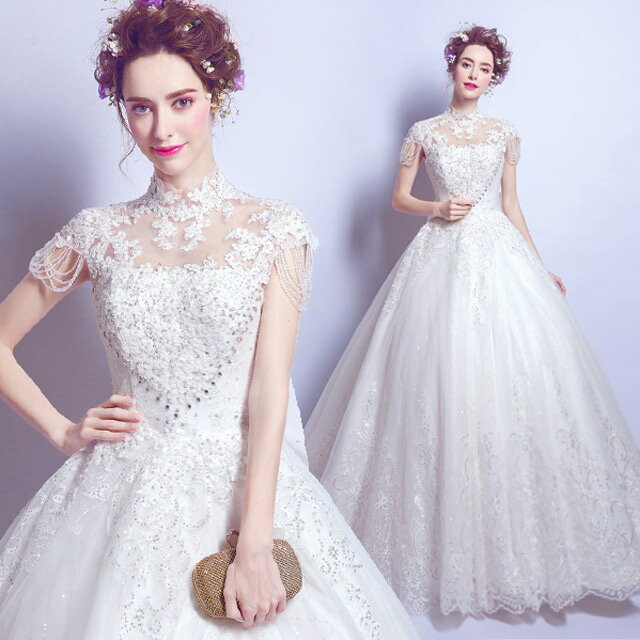 ウェディングドレス レース＆オーガンジー 涼しい半袖 トレーン ハイロードレス E289