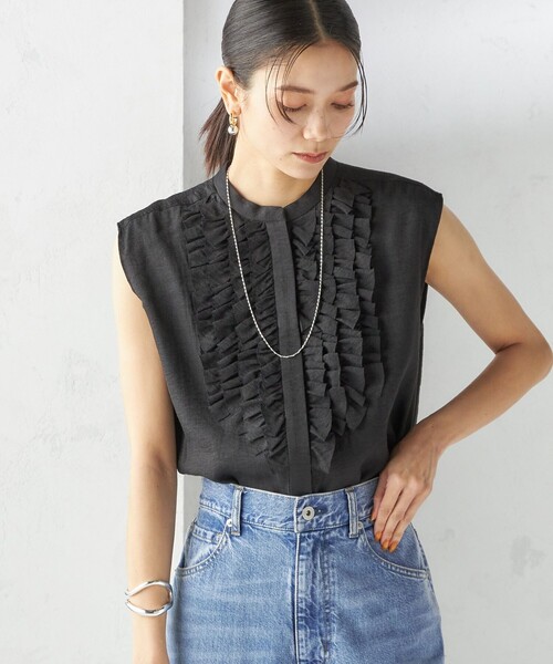 シャツ ブラウス 「手洗い可能」麻混 フロント フリル フレンチスリーブ ブラウス レディース