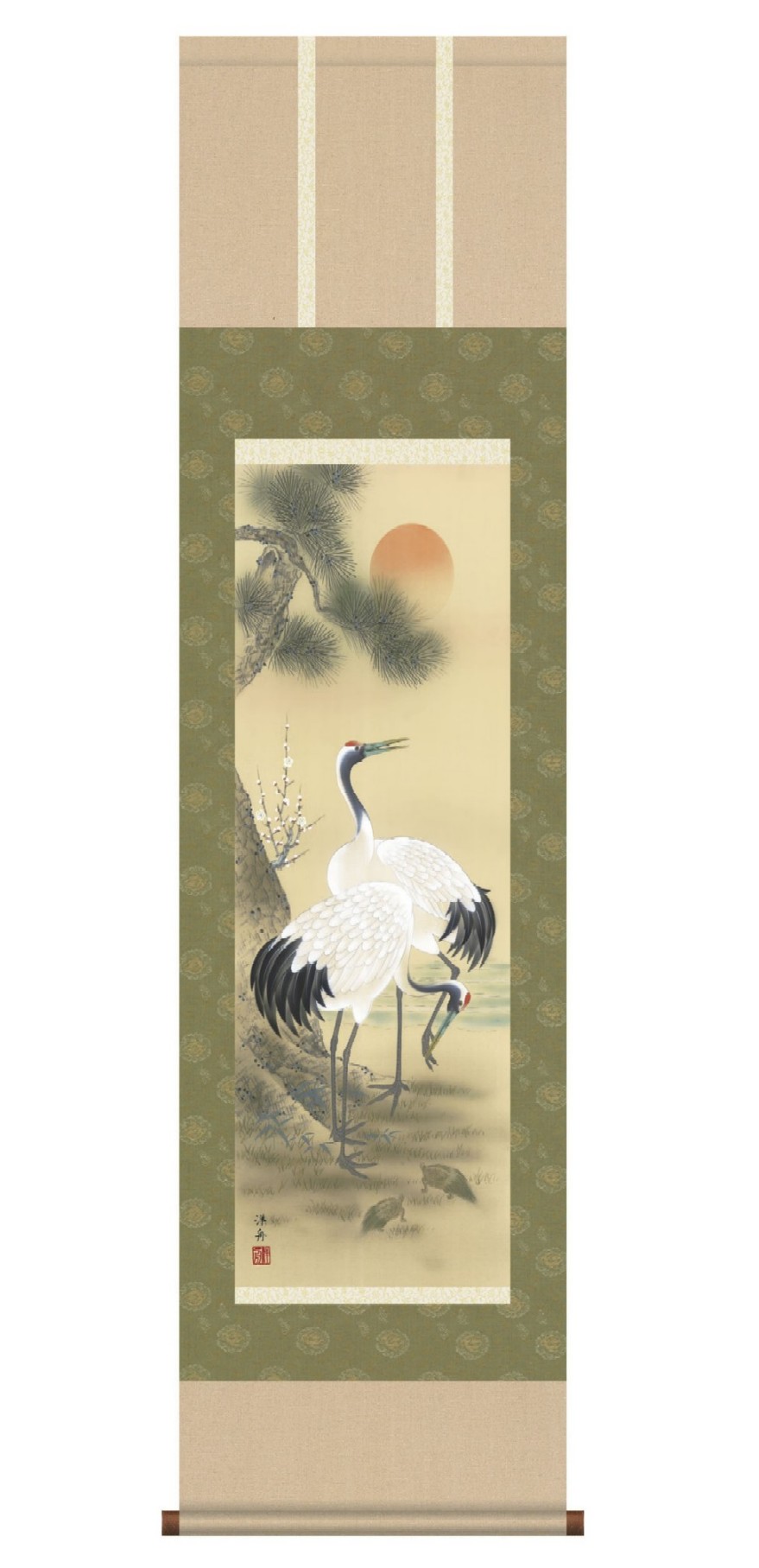 掛軸 松上双鶴 山村観峰 尺五 慶祝・縁起の掛け軸 H29C1-024