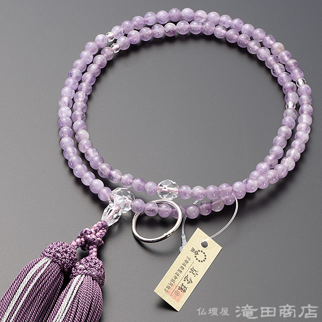 数珠 京念珠 女性用 水晶丸玉5mm 水晶切子・紅水晶交互仕立 正絹蛍房 ピンクに薄桃