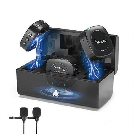 MAONO Ultra-Compact Wireless Lavalier Microphone with Charging Case, 2.4GHz Dual Lapel Mics with Real-time Monitoring, Gain and Mute for Interview, Vl