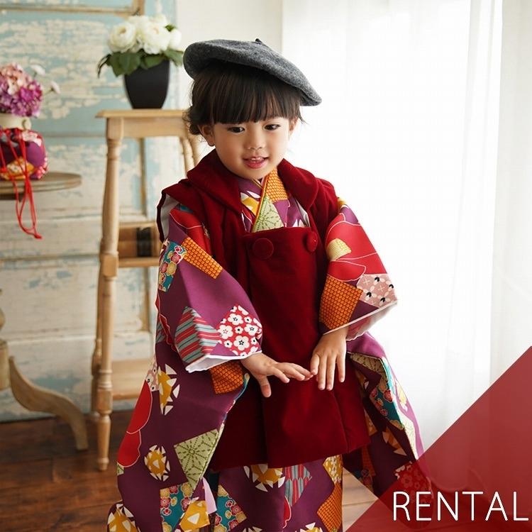 レンタル 七五三 3歳 セット ひよこ商店 レトロ 七五三 3歳 花柄 紫系 被布 三歳 三才 3才 おしゃれ