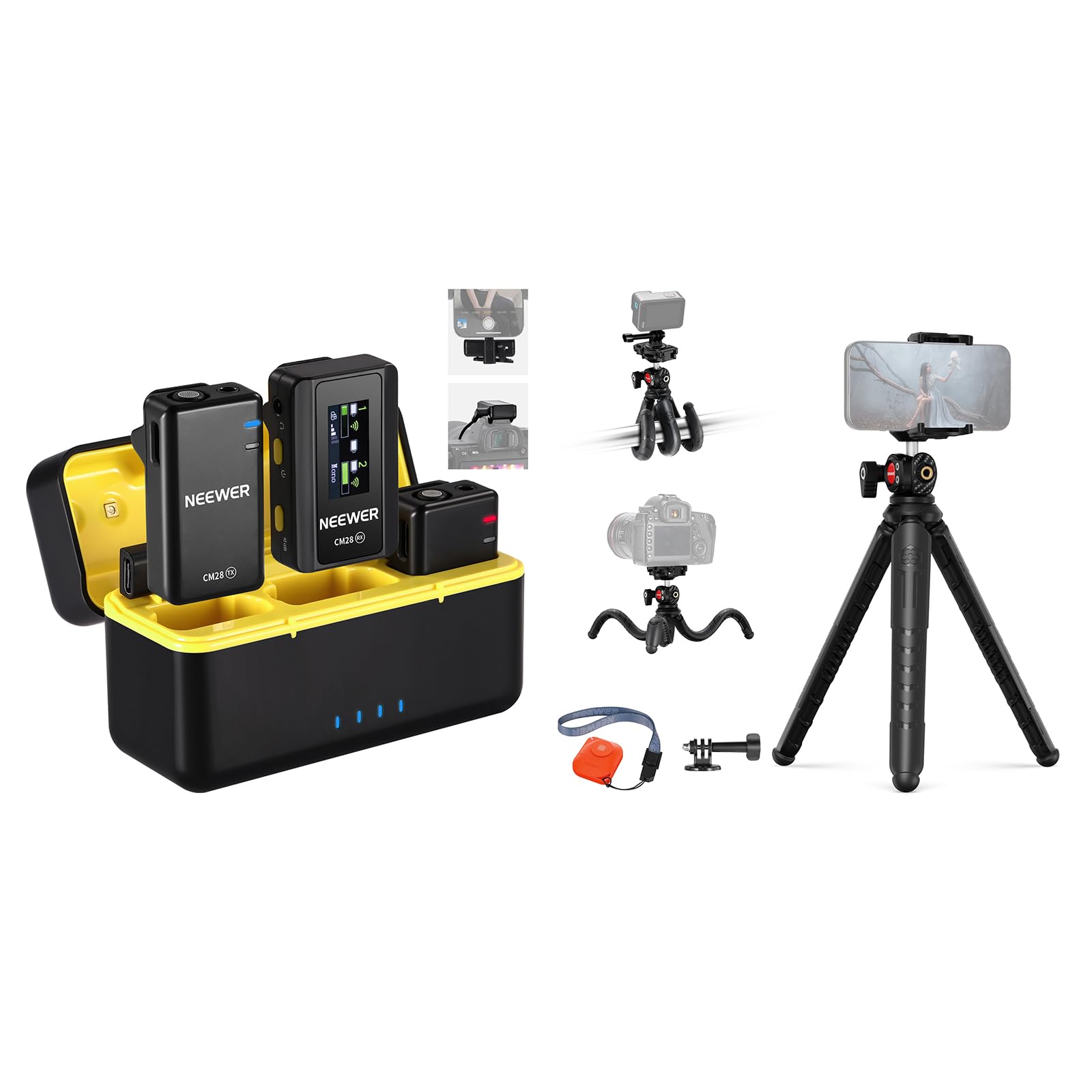 Neewer CM28 Wireless Lavalier Microphone System with Charging Case, 2 Mic Clips, 1 Click Noise Canceling, 4GB Storage, 9H Playtime, Lavalier Lapel Mic