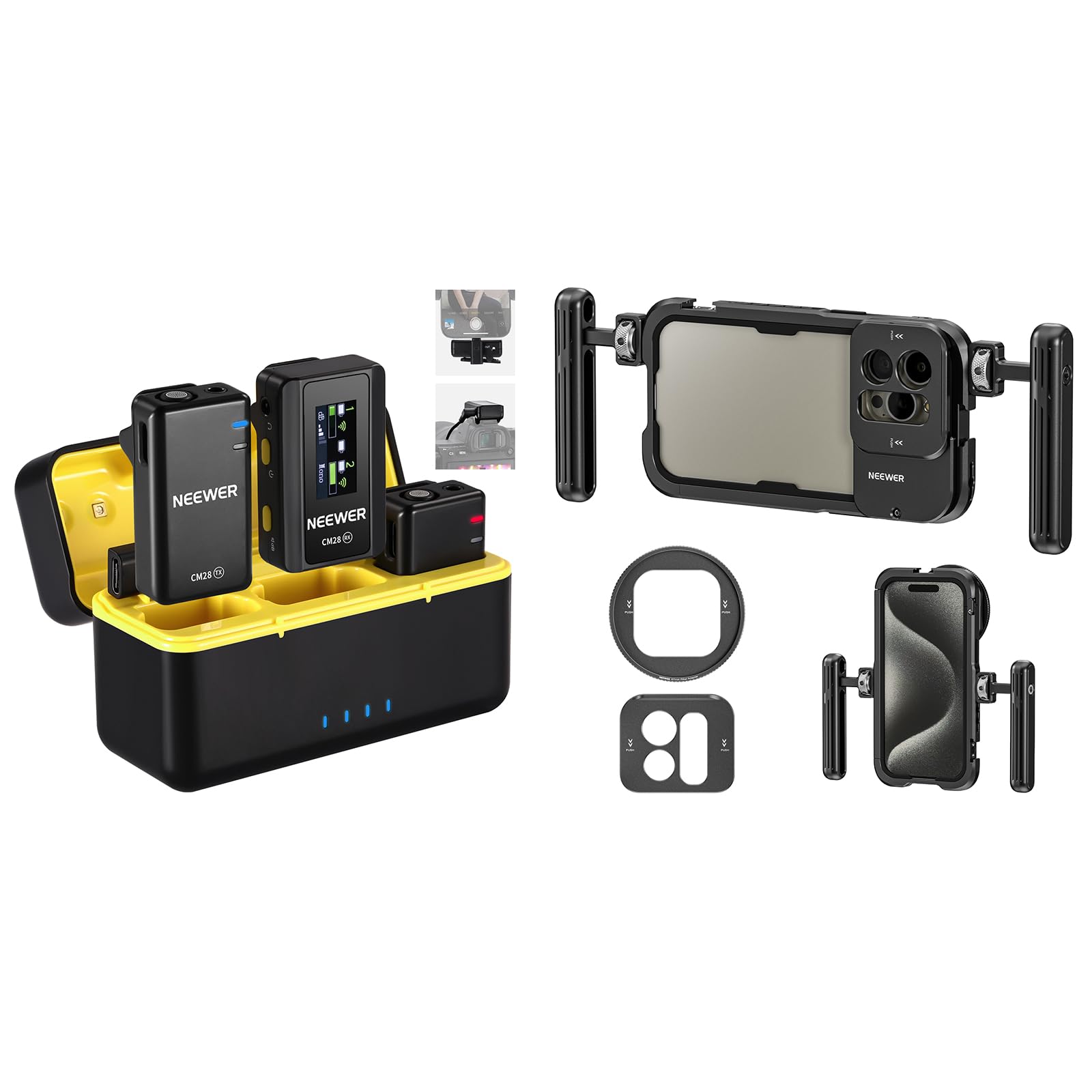 Neewer CM28 Wireless Lavalier Microphone System with Charging Case, 2 Mic Clips, 1 Click Noise Canceling, 4GB Storage, 9H Playtime, Lavalier Lapel Mic