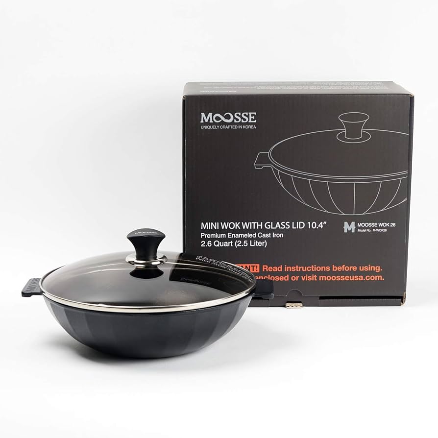 MOOSSE プレミアムエナメル鋳鉄ミニ中華鍋 蓋付き IH対応 コンロ用 調味料不要 26cm並行輸入品