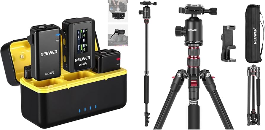 Neewer CM28 Wireless Lavalier Microphone System with Charging Case, 2 Mic Clips, 1 Click Noise Canceling, 4GB Storage, 9H Playtime, Lavalier Lapel Mic