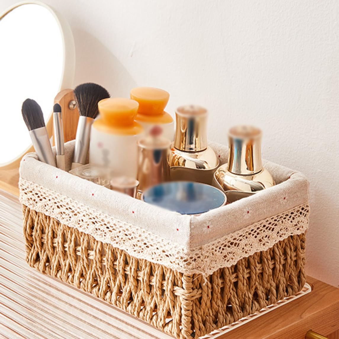 バスケット 籐 ラタン かご 蓋付き 小物入れ 収納 バッグ ブルー 約23×15×16cm 31-03BL