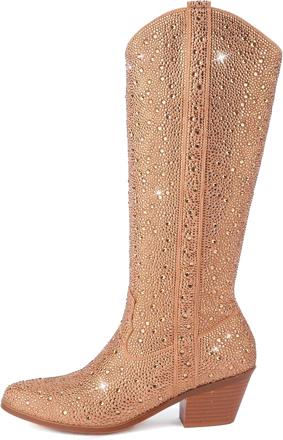 CSHO Women\'s Embroidered Western Cowgirl Boots Pointed Toe Mid-Calf for Ladies Chunky Heel Pull On Cowboy Party Boots 6 Mid-calf Metallic Gold