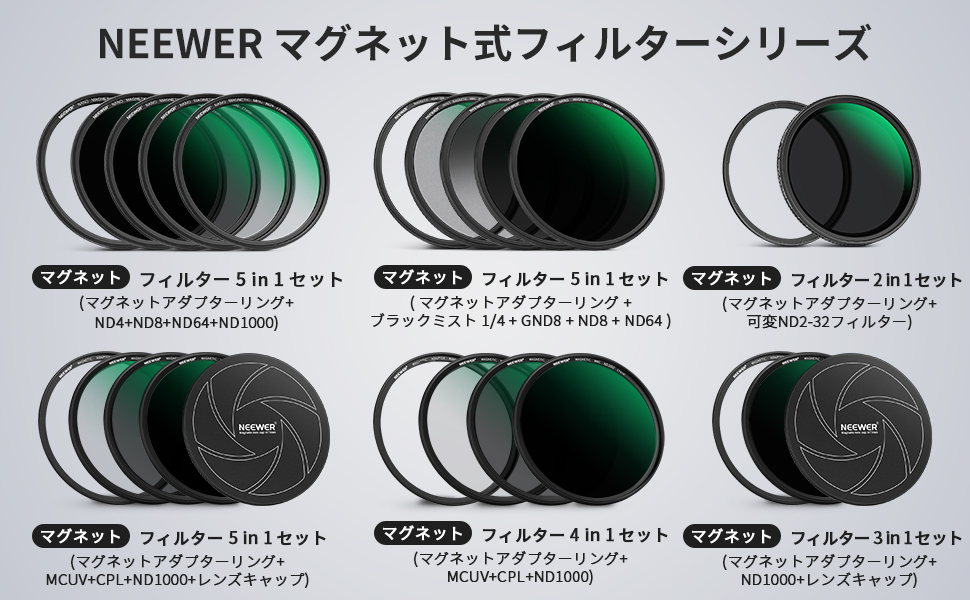 NEEWER 52mm マグネット NDフィルターセット ND4+ND8+ ND64+ND1000 マグネットアダプターリング フィルタ