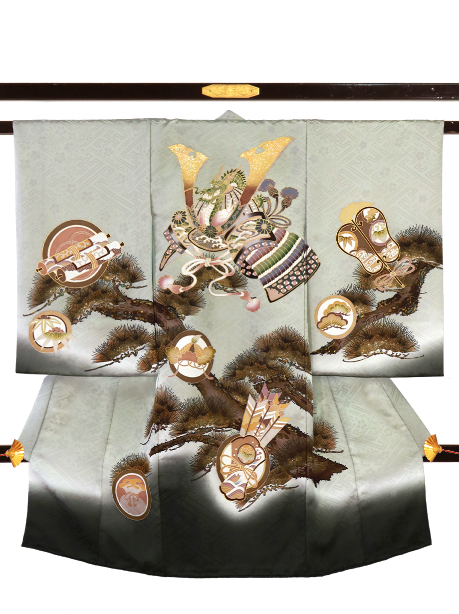 お宮参り レンタル着物 産着 男の子初着 B258 薄うぐいす地 兜