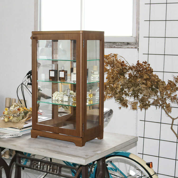 収納棚 コレクションケース 幅36cm S 3段 ナチュラル 木製 飛散防止フィルム加工ミラー 強化ガラス コレクションシェルフ