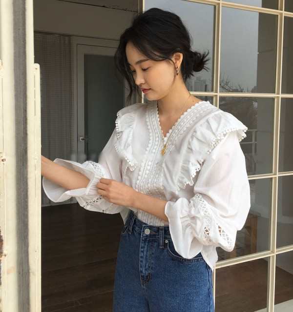 シャツ ブラウス サイドレースフリルトップス レディース