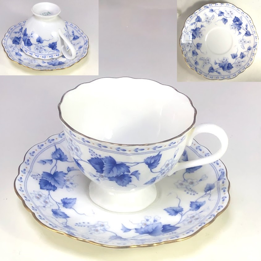 NARUMI(ナルミ) カップ ソーサー セット ソラリア 200cc ブルー 蔦柄 ペア コーヒーカップ&ソーサー かわいい おしゃれ 上