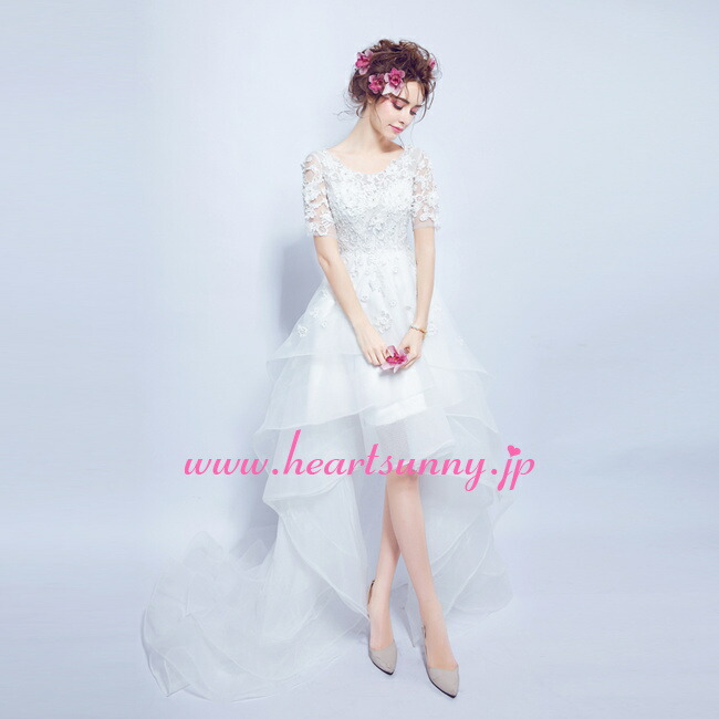 ウェディングドレス レース＆オーガンジー 涼しい半袖 トレーン ハイロードレス E289