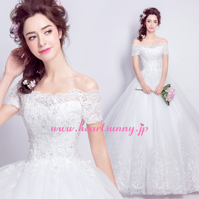 ウェディングドレス レース＆オーガンジー 涼しい半袖 トレーン ハイロードレス E289