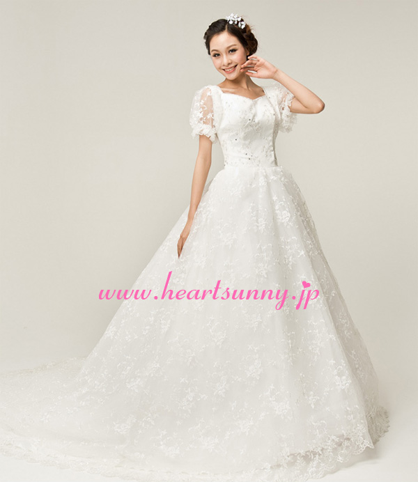 ウェディングドレス レース＆オーガンジー 涼しい半袖 トレーン ハイロードレス E289