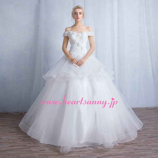 ウェディングドレス レース＆オーガンジー 涼しい半袖 トレーン ハイロードレス E289