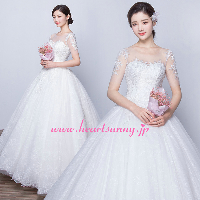 ウェディングドレス レース＆オーガンジー 涼しい半袖 トレーン ハイロードレス E289