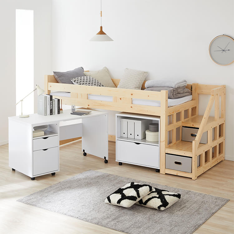 ロフトベッド ハイタイプ 机付き おしゃれ 階段 シングル 収納 子供 すのこ 木製 安い 頑丈 デスク コンパクト 床下140cm